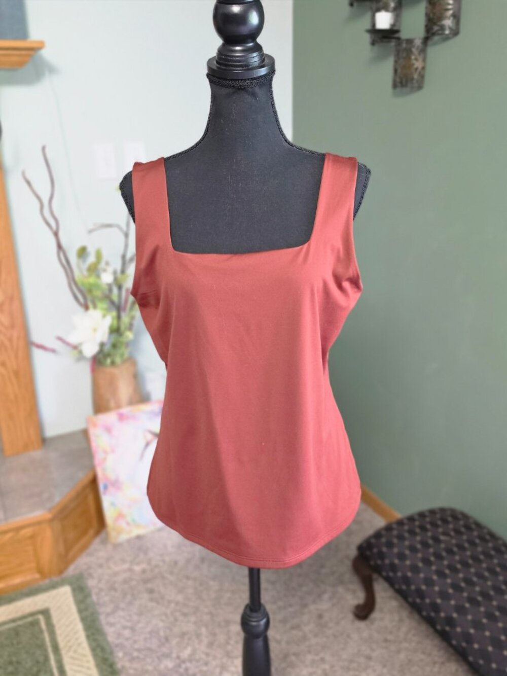 Nine West Rust Orange Square Neck Sleeveless Top Size XL